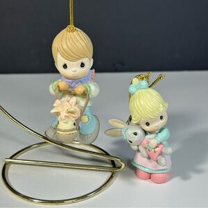 Precious Moments Ornaments Boy On Stick Horse Girl With Bunny Rabbit 1995